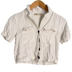 Monteau Los Angeles White Textured Button Up Cropped Short Sleeve Shirt Small